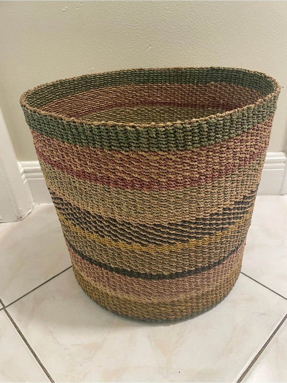 Serena & Lily Handwoven Striped Storage Basket in Green, Pink, Tan and Black